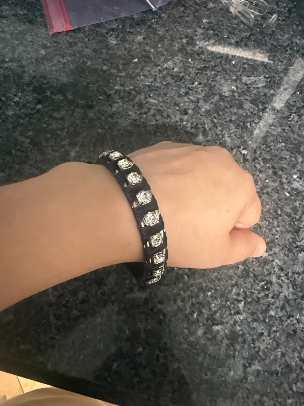 Black Leather Bracelet with Clear Crystal Accents